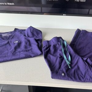 Figs Purple Scrub Set with Turquoise Drawstring